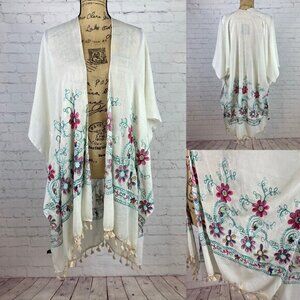 Embroidered Open Front Tassel Trim Kimono